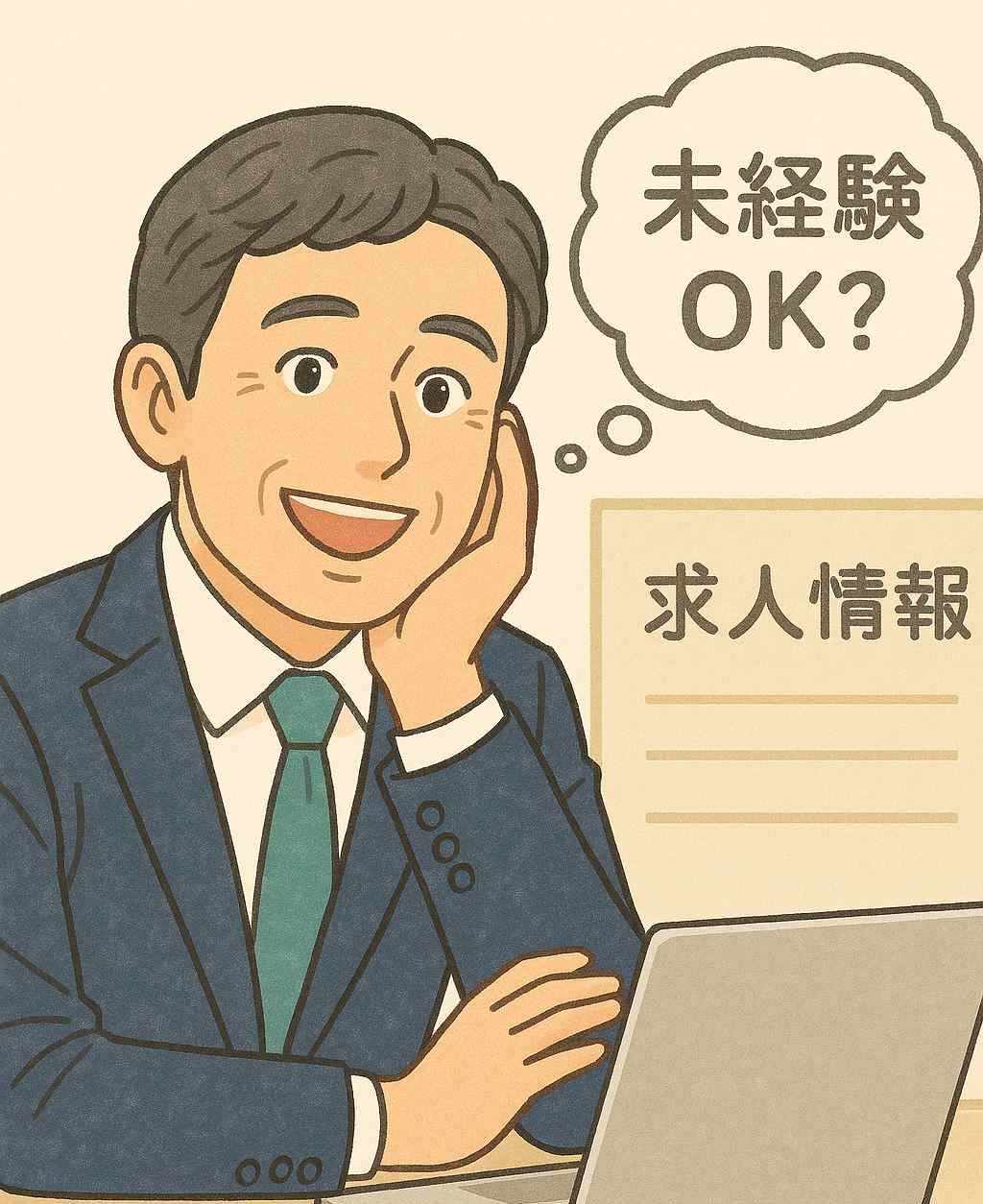 仕事を探す50歳程度の男性が、求人サイトを見て希望を持つイラスト