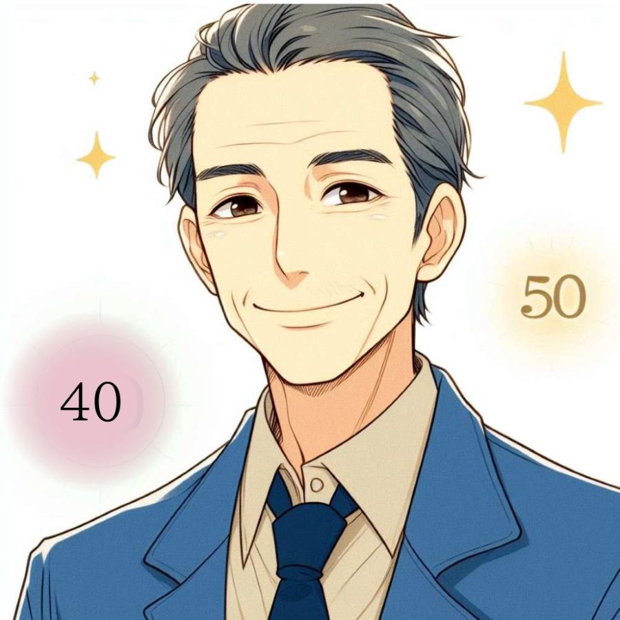 50代のスーツ姿の男性が輝き微笑むイラスト