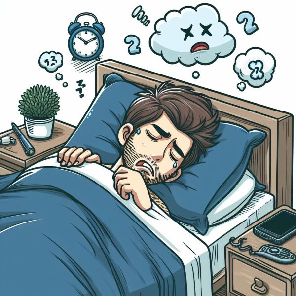 中々眠れなくて苦しんでいる男性のイラスト